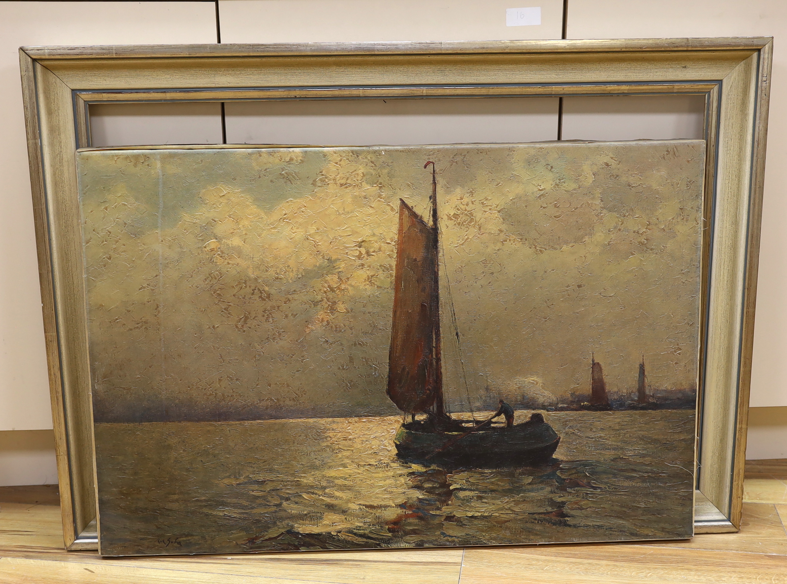 Continental School, impressionist oil on canvas, Fishing boat at sea, indistinctly signed, 60 x 90cm